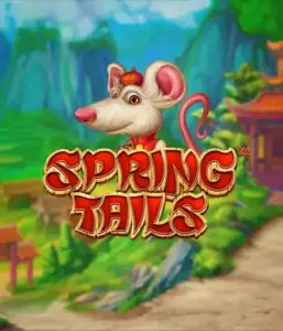 An enchanting illustration of a mouse wearing a red traditional Chinese outfit standing in a vibrant mountain backdrop. The image is for the Spring Tails game by Betsoft, showcased with prominent gold and red logo text.